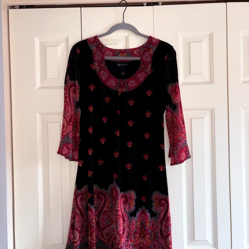 INC International Concepts Black and Red Paisley Long Sleeve Dress